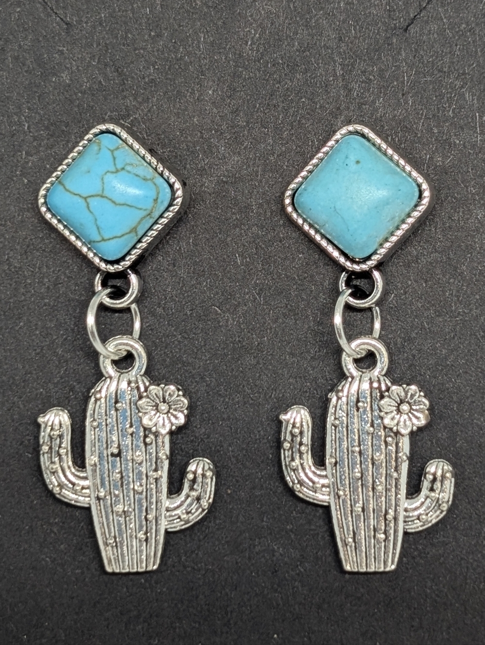 Handmade Boho Turquoise Howlite Western Cactus Dangle Earrings